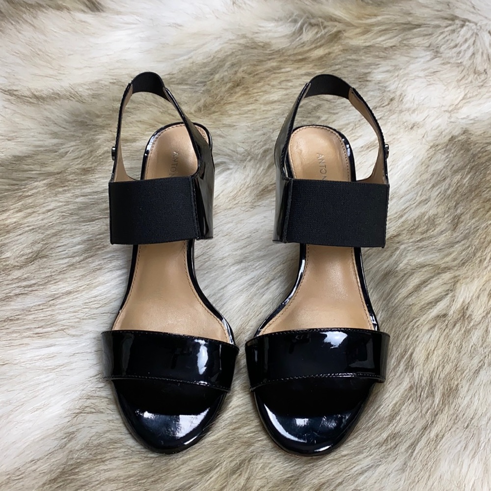 Antonio Melani Black Patent Leather Open Toe Slingback Heels 8M